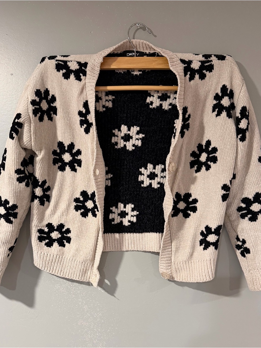 DKNY Black & Cream Floral Knit Cardigan